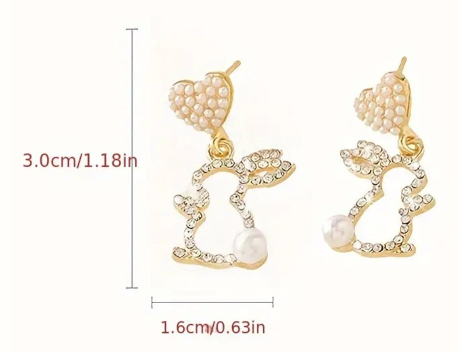 Easter Bling Heart Drop Faux Pearl Rhinestone Inlay Bunny Rabbit Dangle Earrings