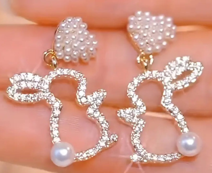 Easter Bling Heart Drop Faux Pearl Rhinestone Inlay Bunny Rabbit Dangle Earrings