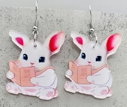 Acrylic Large Easter Spring Book Reading Bunny White Rabbit Dangle Earrings
