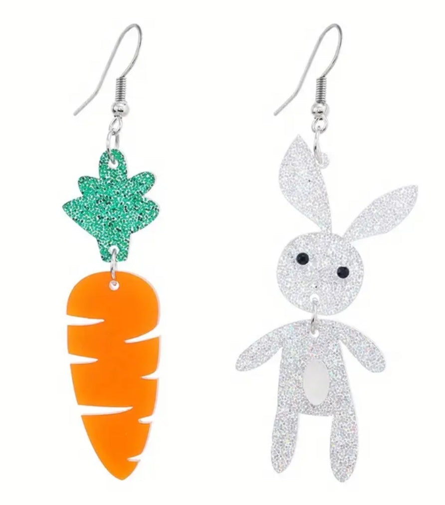 Acrylic Easter Bunny Rabbit Carrot Glitter Sparkle Mis-Match Drop Dangle Earrings