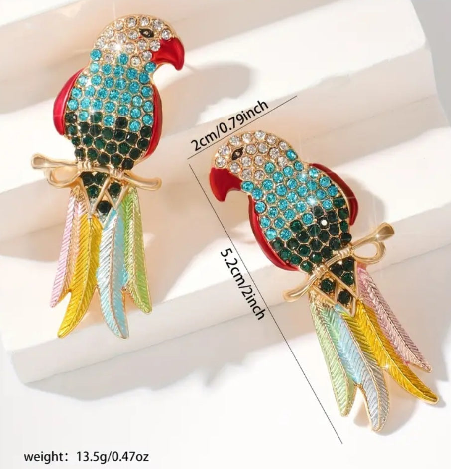 Colourful Bird Parrot Mega Bling Sparkle White/Blue Rhinestone Encrusted Earrings