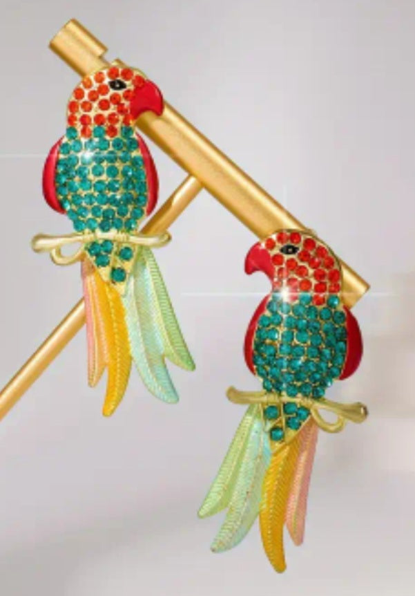 Colourful Bird Parrot Mega Bling Sparkle Red/Blue Rhinestone Encrusted Earrings