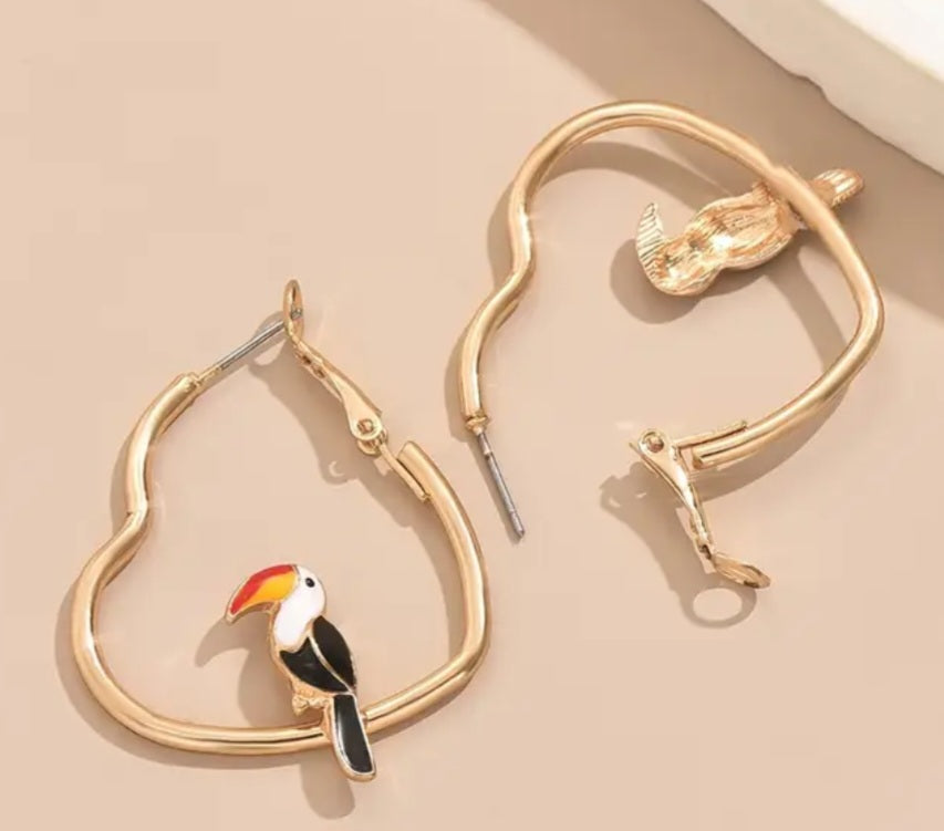 Gold Plated Enamel Bird Parrot Toucan Heart Shaped Hoop Style Earrings