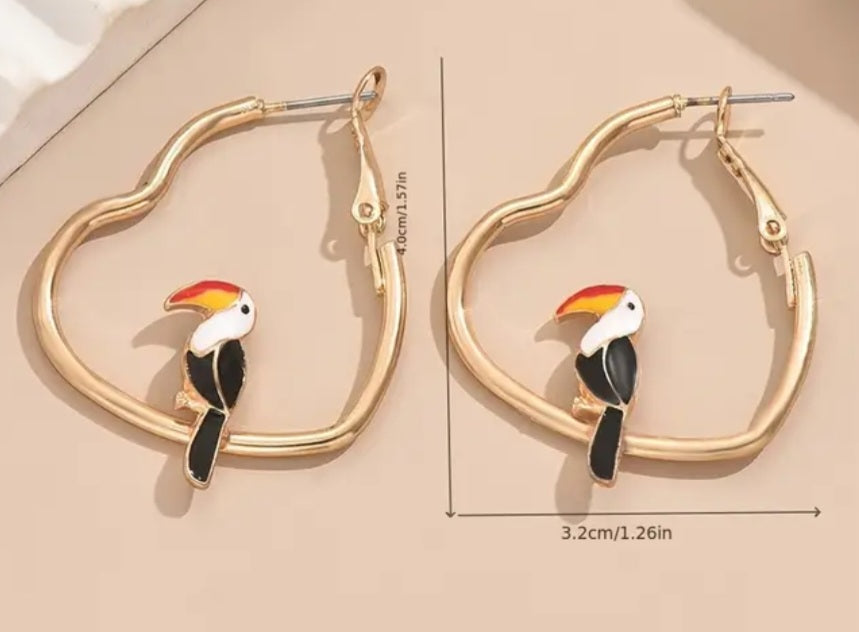 Gold Plated Enamel Bird Parrot Toucan Heart Shaped Hoop Style Earrings