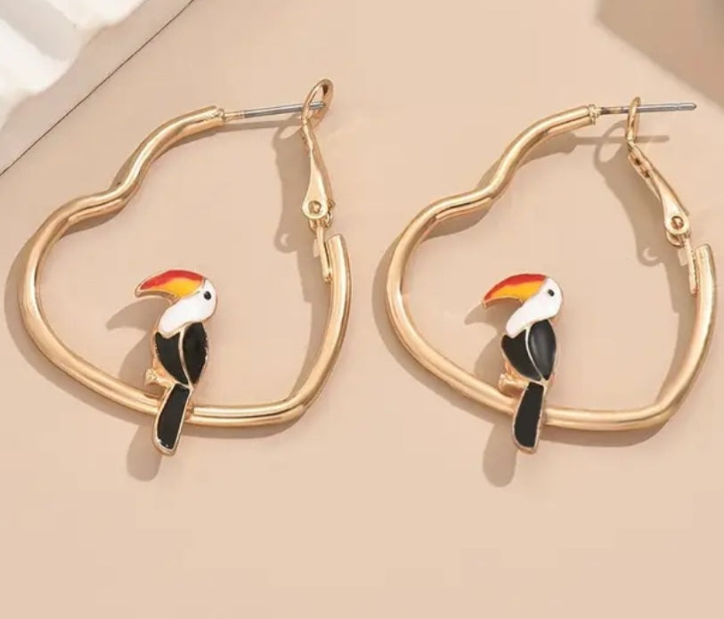 Gold Plated Enamel Bird Parrot Toucan Heart Shaped Hoop Style Earrings