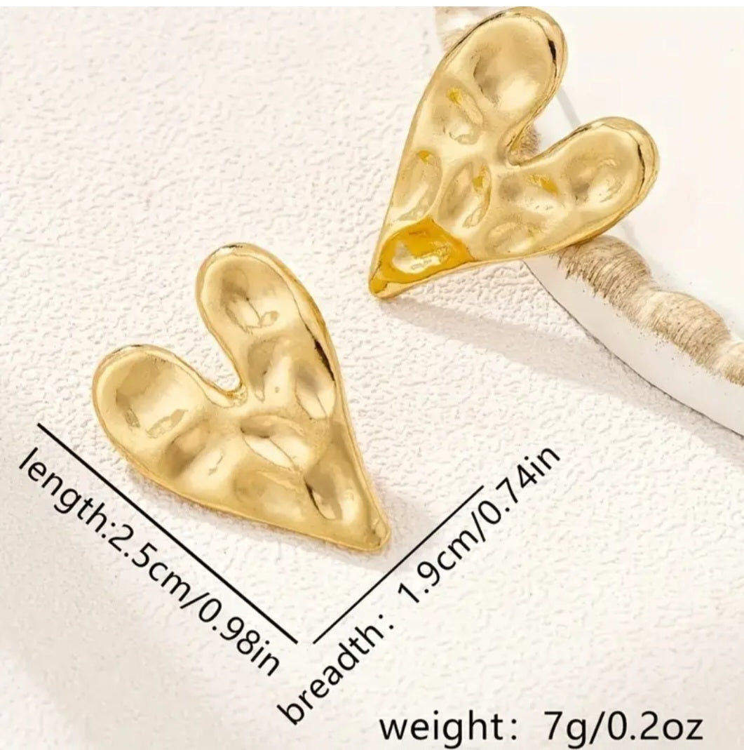 Heart Shaped Gold Tone Hammered Metal Large Stud Earrings