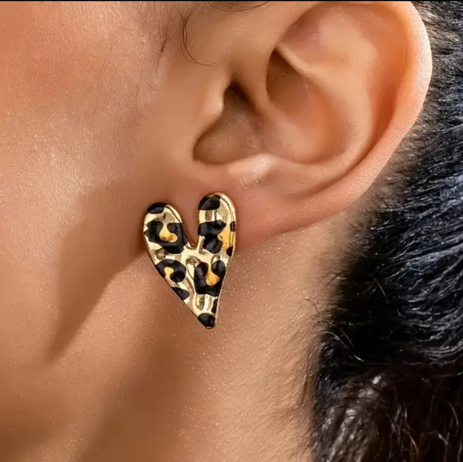 Heart Shaped Leopard Print Hammered Metal Large Stud Earrings