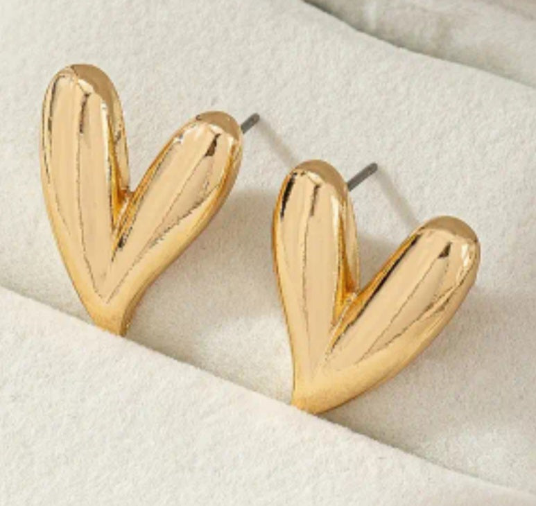 Heart Shaped Gold Tone Curved Metal Large Stud Earrings