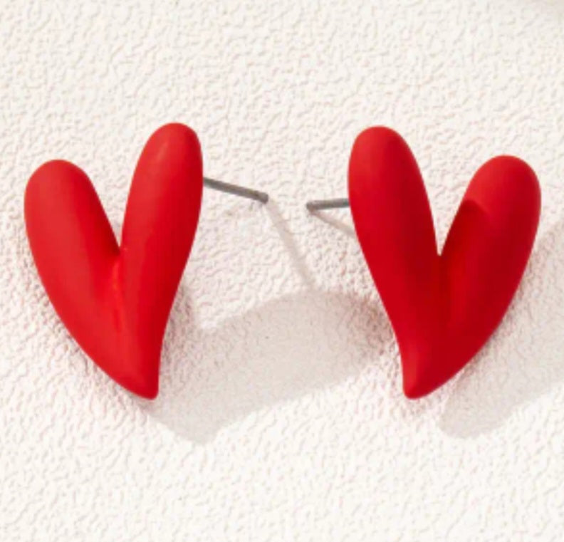Heart Shaped Red Enamel Curved Metal Large Stud Earrings