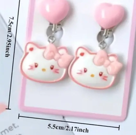 Acrylic Cartoon Hello Kitty Inspired Character Clip-On Heart Drop Dangle Earrings