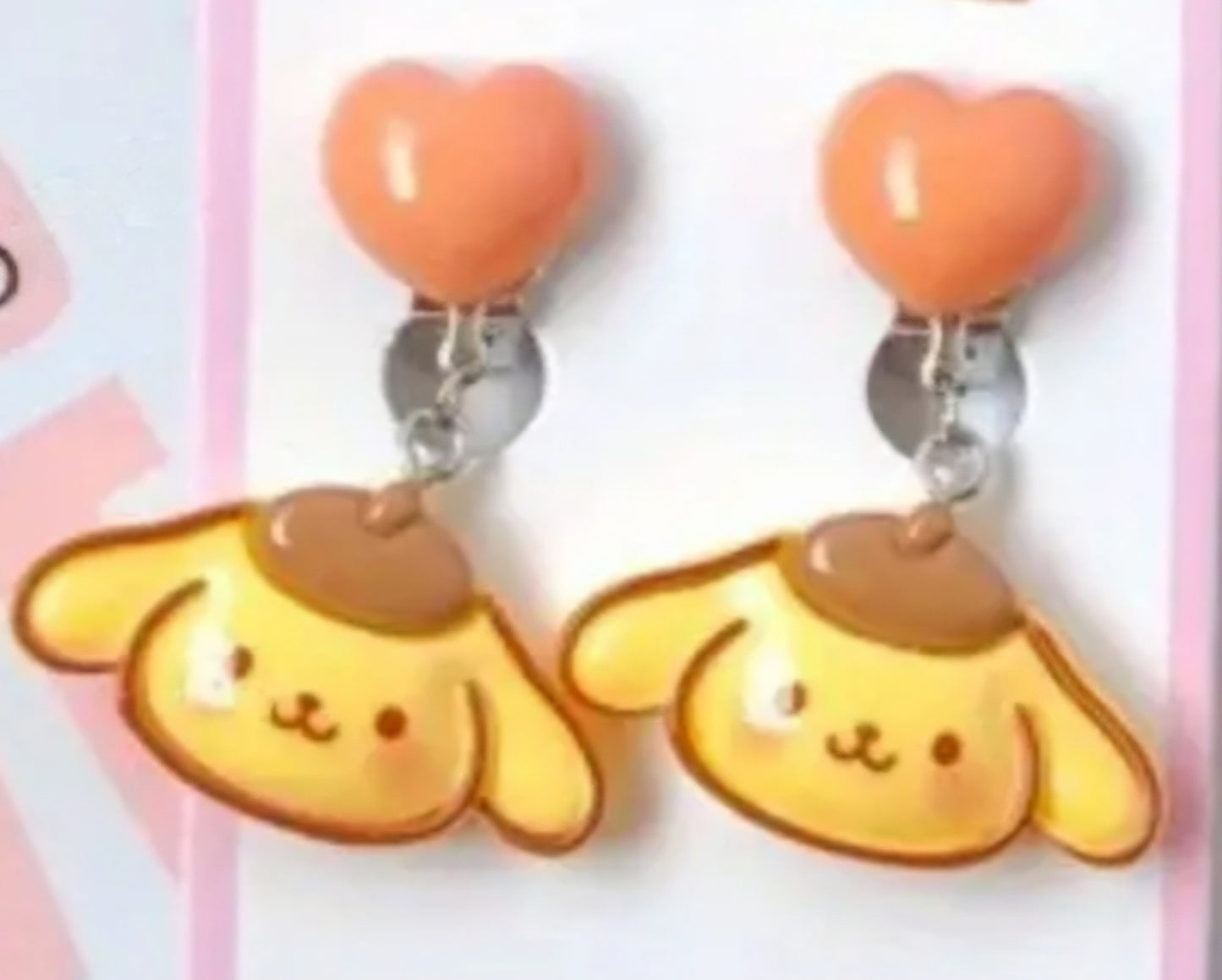 Acrylic Cartoon Hello Kitty Pom Pom Purin Inspired Character Clip-On Heart Drop Dangle Earrings