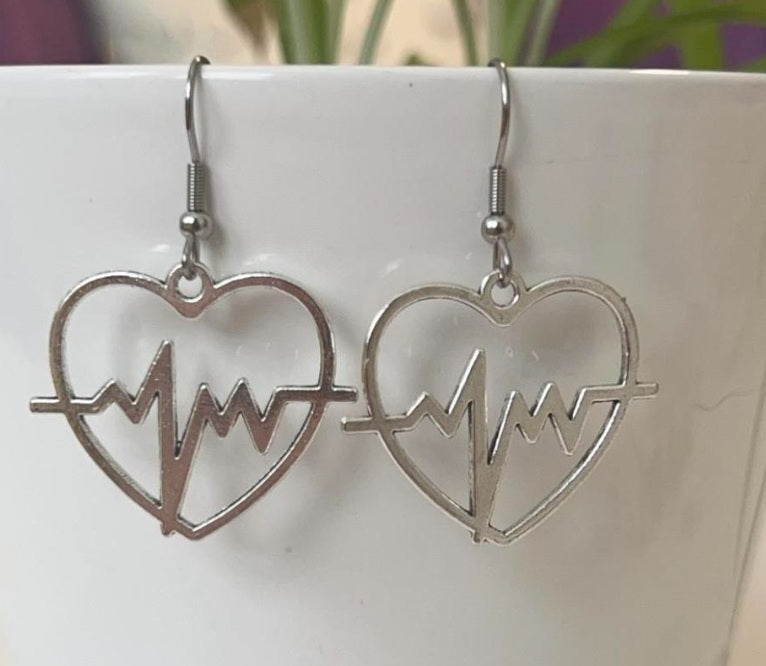 ECG Beat Line Heart Heartbeat Pattern Medical Silver Plated Drop Dangle Earrings