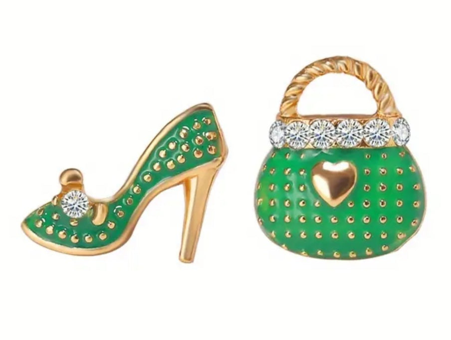 Bag Purse High Heel Shoe Design Green Enamel Rhinestone Mis-Match Small Stud Earrings