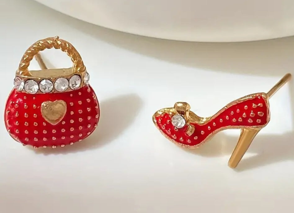 Bag Purse High Heel Shoe Design Red Enamel Rhinestone Mis-Match Small Stud Earrings