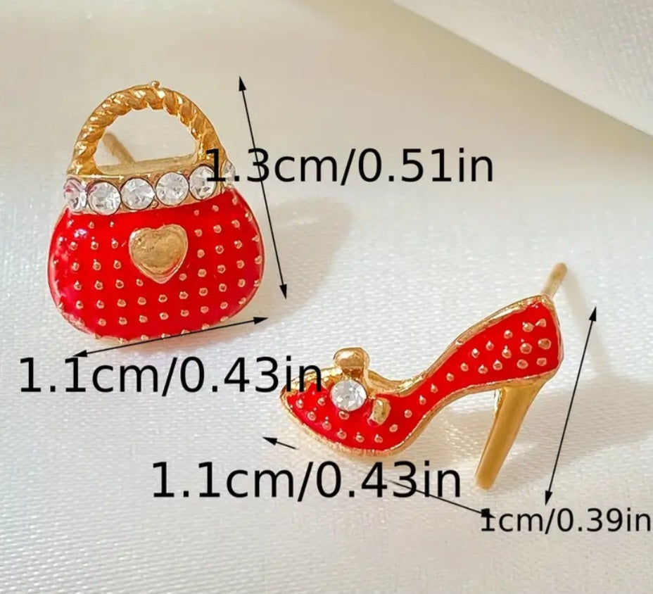 Bag Purse High Heel Shoe Design Red Enamel Rhinestone Mis-Match Small Stud Earrings
