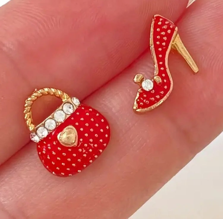 Bag Purse High Heel Shoe Design Red Enamel Rhinestone Mis-Match Small Stud Earrings