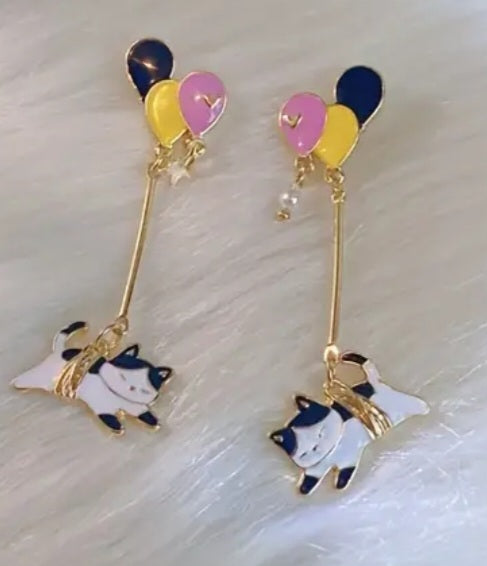 Cartoon Balloon Cat Kitty Drop Tied Rope Design Enamel Painted Metal Earrings