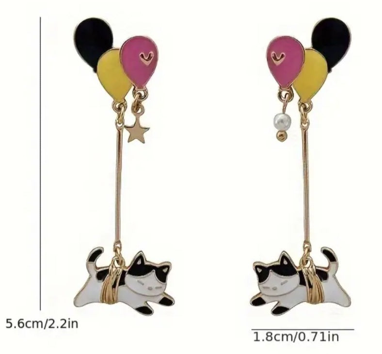 Cartoon Balloon Cat Kitty Drop Tied Rope Design Enamel Painted Metal Earrings