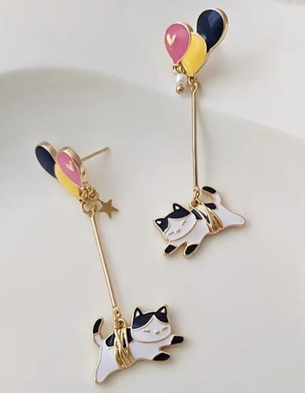 Cartoon Balloon Cat Kitty Drop Tied Rope Design Enamel Painted Metal Earrings