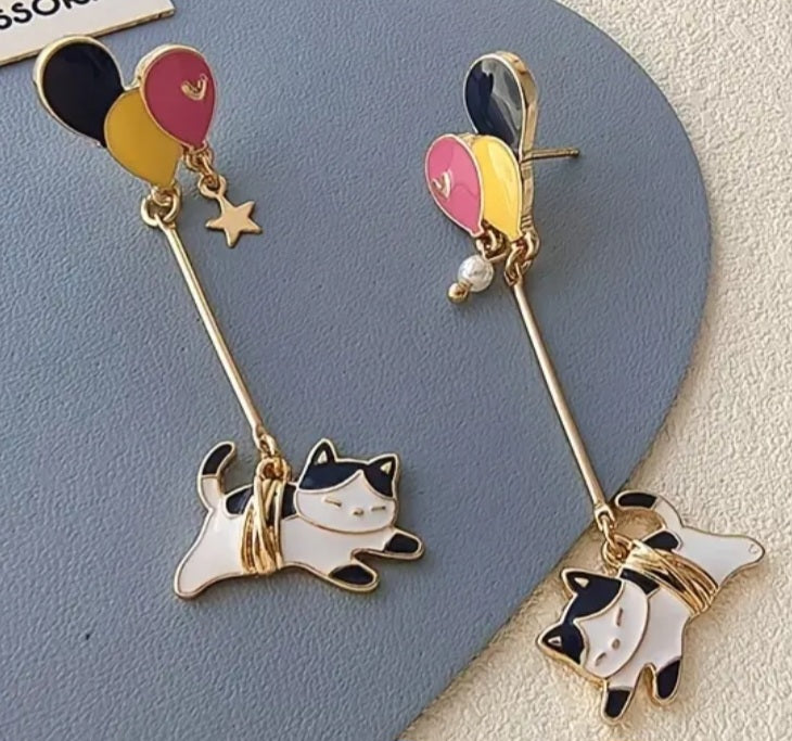 Cartoon Balloon Cat Kitty Drop Tied Rope Design Enamel Painted Metal Earrings