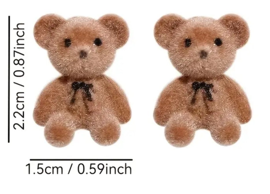 Flocked Plush Style Teddy Bear Light Brown Latte Coloured Small Stud Earrings