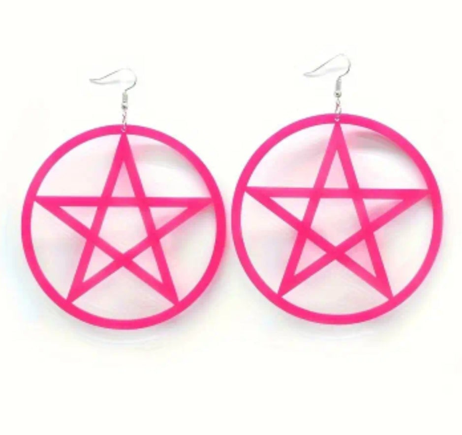 Acrylic Giant Extra Large Goth Witch Halloween Pentagram Star Circle Design Hot Pink Rose Red Lightweight Dangle Earrings