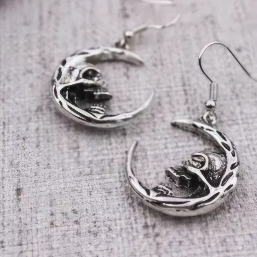Crescent Moon Open Mouth Skull Garden Hammered Metal Silver Plated Drop Dangle Earrings