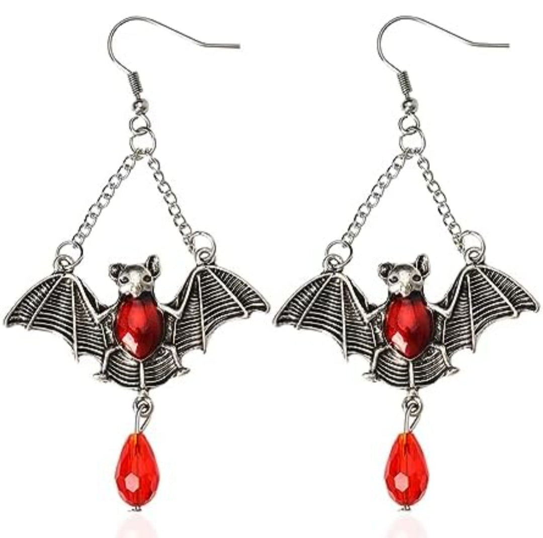 Chain Dangle Antique Silver Look Gothic Halloween Vampire Bat Wing Red Blood Drop Dangle Earrings