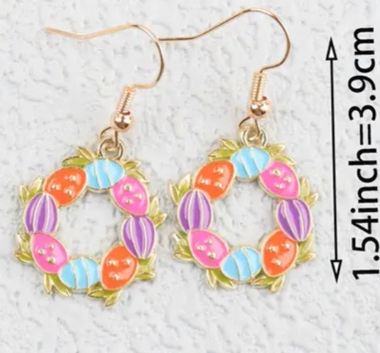 Easter Eggs Ring Wreath Spring Theme Enamel Painted Gold Plated Dangle Earrings