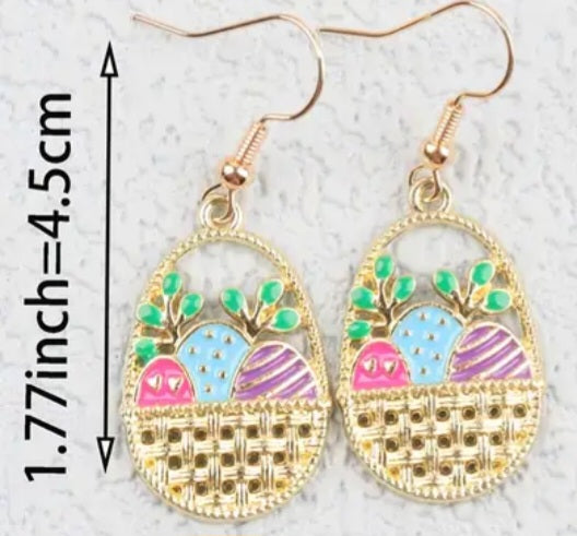 Easter Basket Eggs Spring Theme Enamel Painted Gold Plated Dangle Earrings
