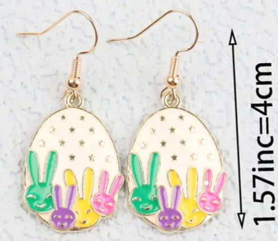 Easter Egg Bunnies Rabbits Wreath Spring Theme Enamel Painted Gold Plated Dangle Earrings
