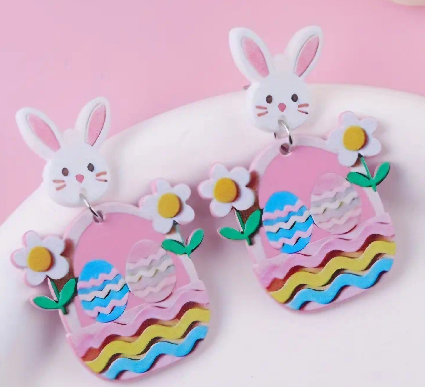 Acrylic Cartoon Bunny Rabbit Pink Easter Egg Spring Design Double Flower Drop Dangle Earrings