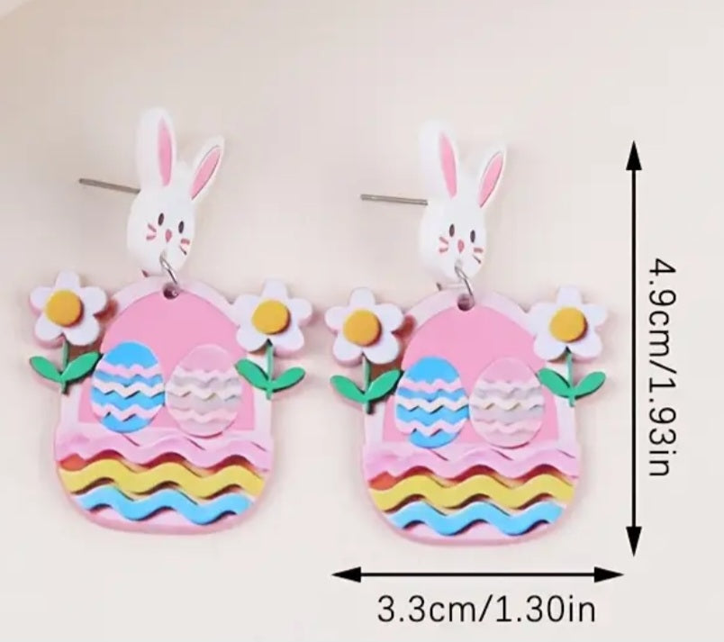 Acrylic Cartoon Bunny Rabbit Pink Easter Egg Spring Design Double Flower Drop Dangle Earrings