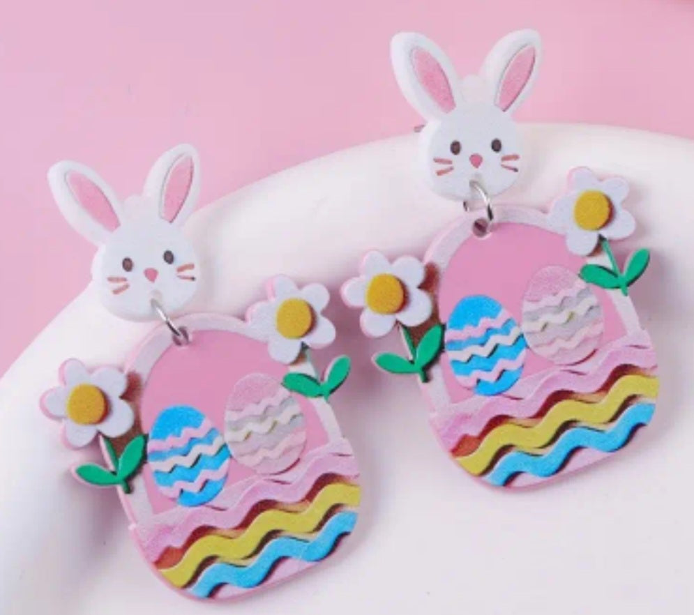 Acrylic Cartoon Bunny Rabbit Pink Easter Egg Spring Design Double Flower Drop Dangle Earrings