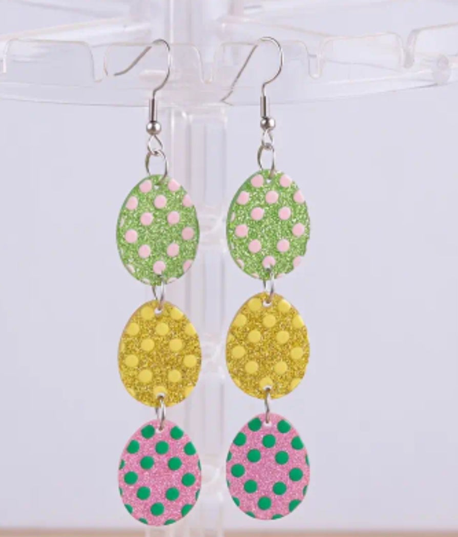 Acrylic Cartoon Colourful Easter Egg Spring Triple Row Glitter Transparent Drop Dangle Earrings