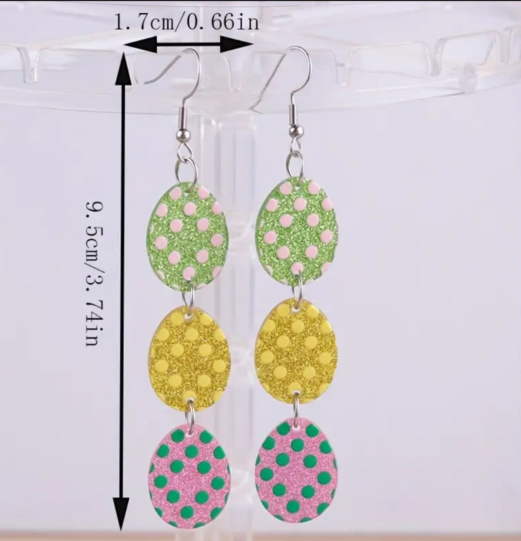 Acrylic Cartoon Colourful Easter Egg Spring Triple Row Glitter Transparent Drop Dangle Earrings