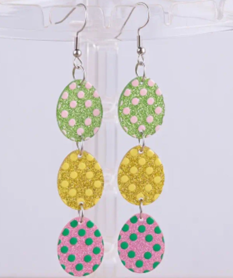 Acrylic Cartoon Colourful Easter Egg Spring Triple Row Glitter Transparent Drop Dangle Earrings