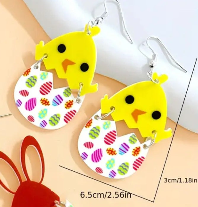 Acrylic Cartoon Chick Chicken Easter Egg 2 Part Design Drop Dangle Earrings