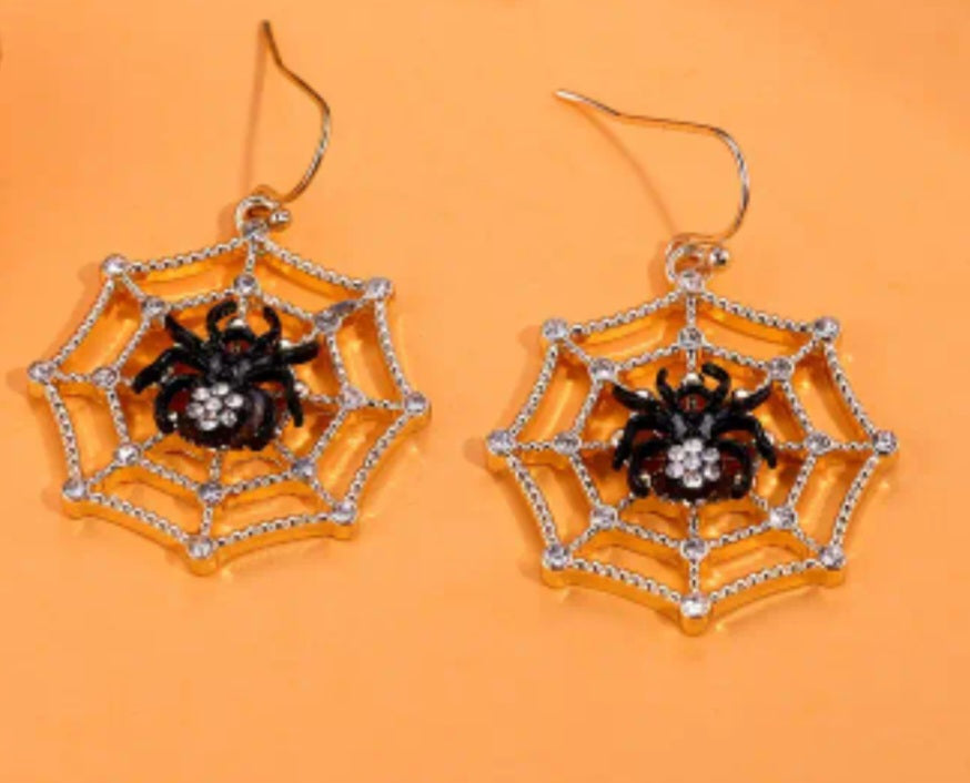 Gold Plated Rhinestone Inlay Spider On Web Gothic Punk Halloween Design Drop Dangle Earrings