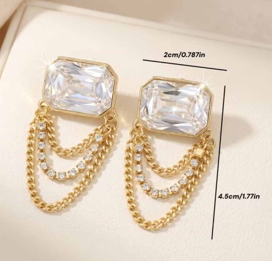 Classy Chain Design Square Glass Rhinestone Accent Gold Plated Large Drop Stud Earrings