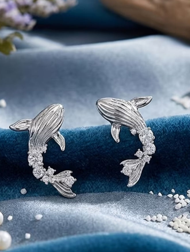 Cubic Zircon Inlay Silver Plated Whale Marine Theme Stud Earrings