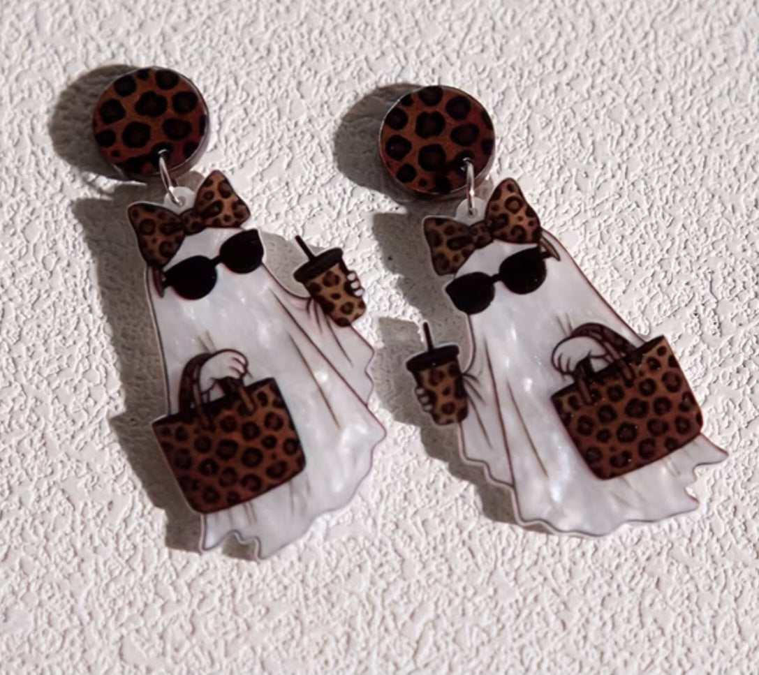Acrylic Brown Cartoon Coffee Ghost Halloween Shopping Bag Leopard Print Design Drop Dangle Earrings