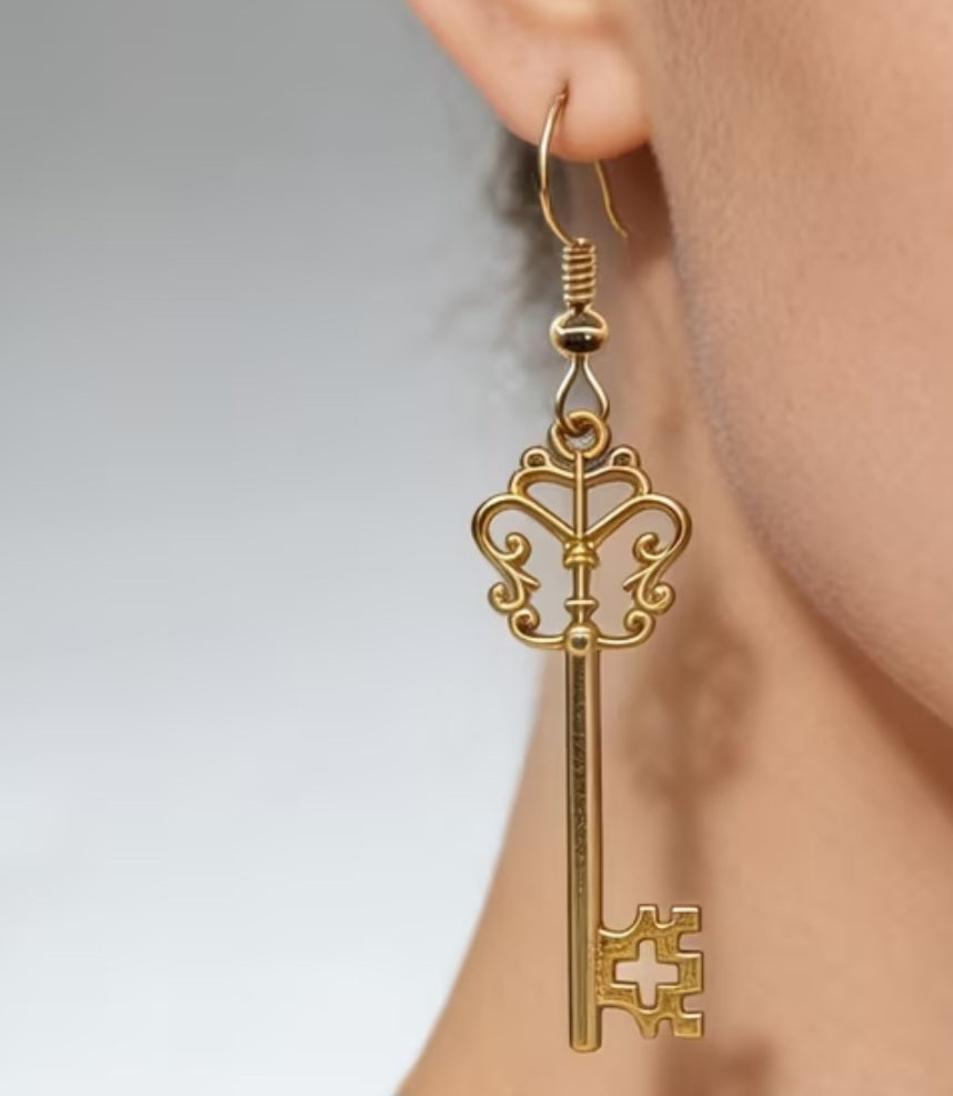 Antique Fancy Key Desgn Gold Plated Large Drop Dangle Earrings