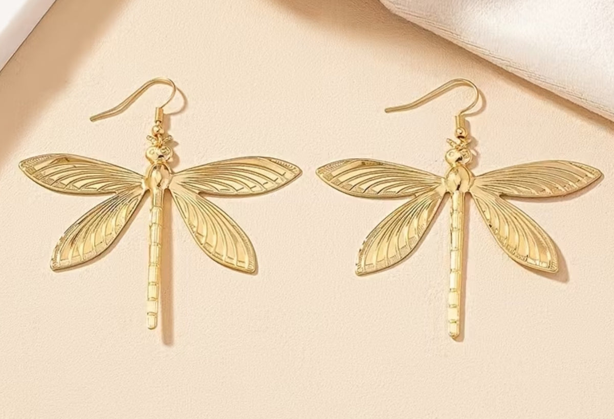 Dragonfly Design Giant Lightweight Gold Plated Drop Dangle Earrings
