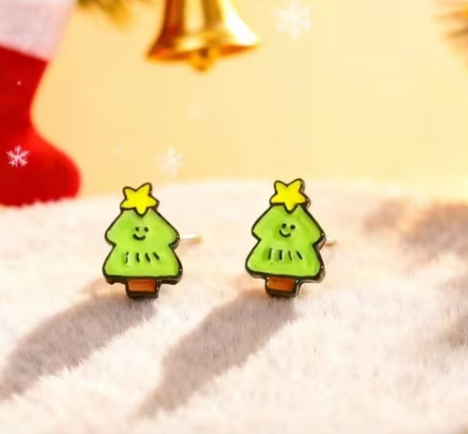 Cartoon Christmas Tree Festive Holiday Enamel Painted Steel Teeny Small Stud Earrings