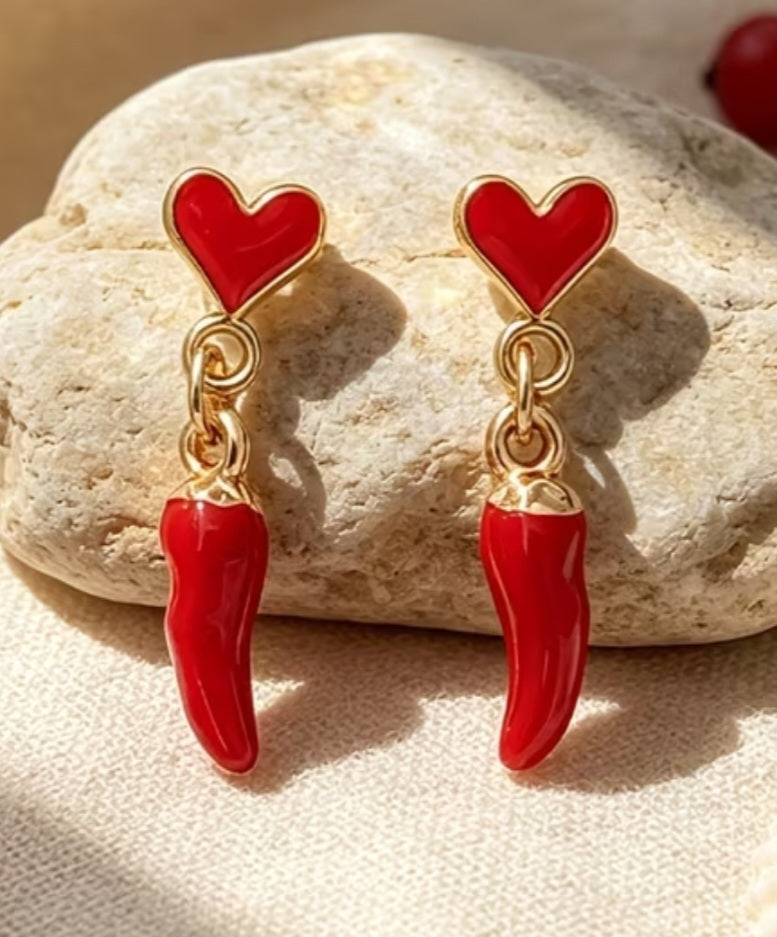 Gold Plated Good Luck Italian Horn Little Chili Cornicello Corn Red Straight Mini Tiny Heart Drop Dangle Earrings