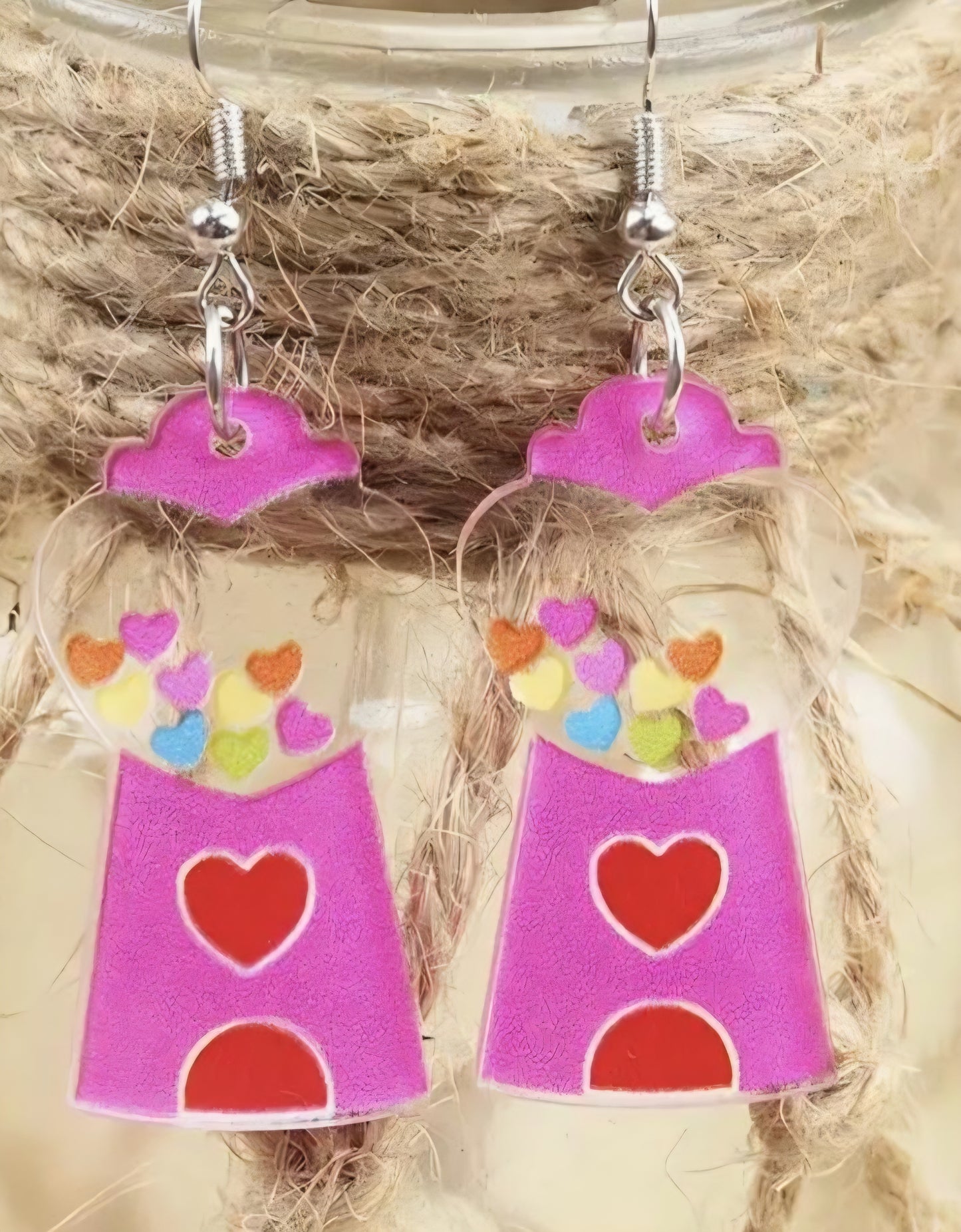 Acrylic Cartoon Gumball Machine Heart Design Pink Drop Dangle Earrings