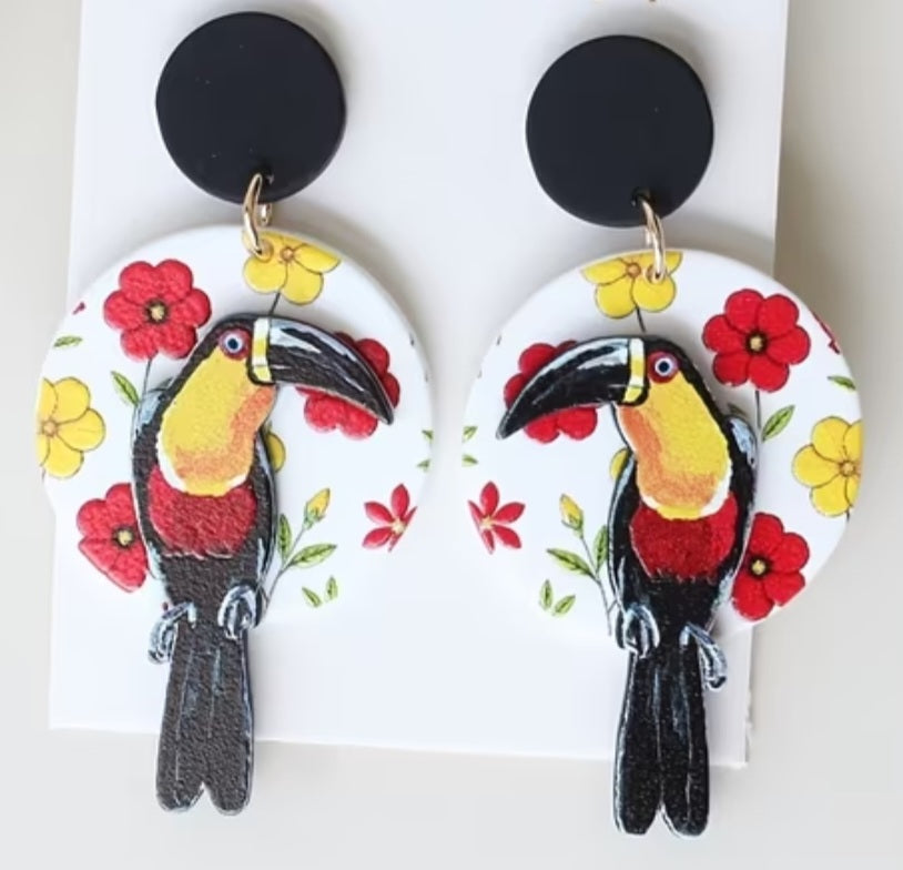 Acrylic Bird Circle Floral Black Toucan Flowers Large Drop Dangle Earrings