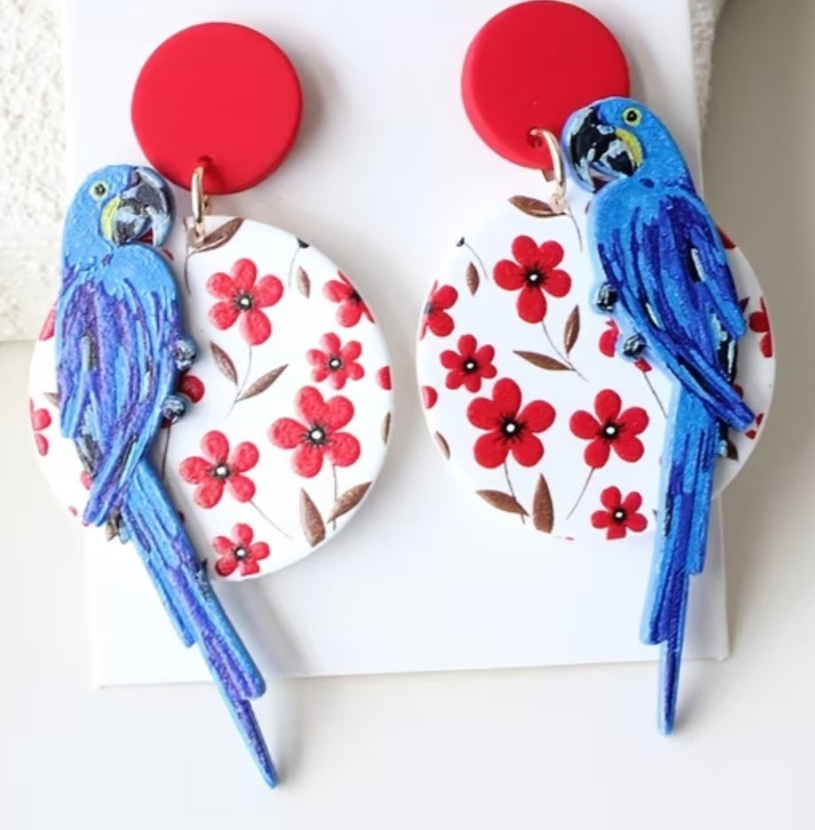 Acrylic Bird Circle Floral Blue Macaw Parrot Flowers Large Drop Dangle Earrings