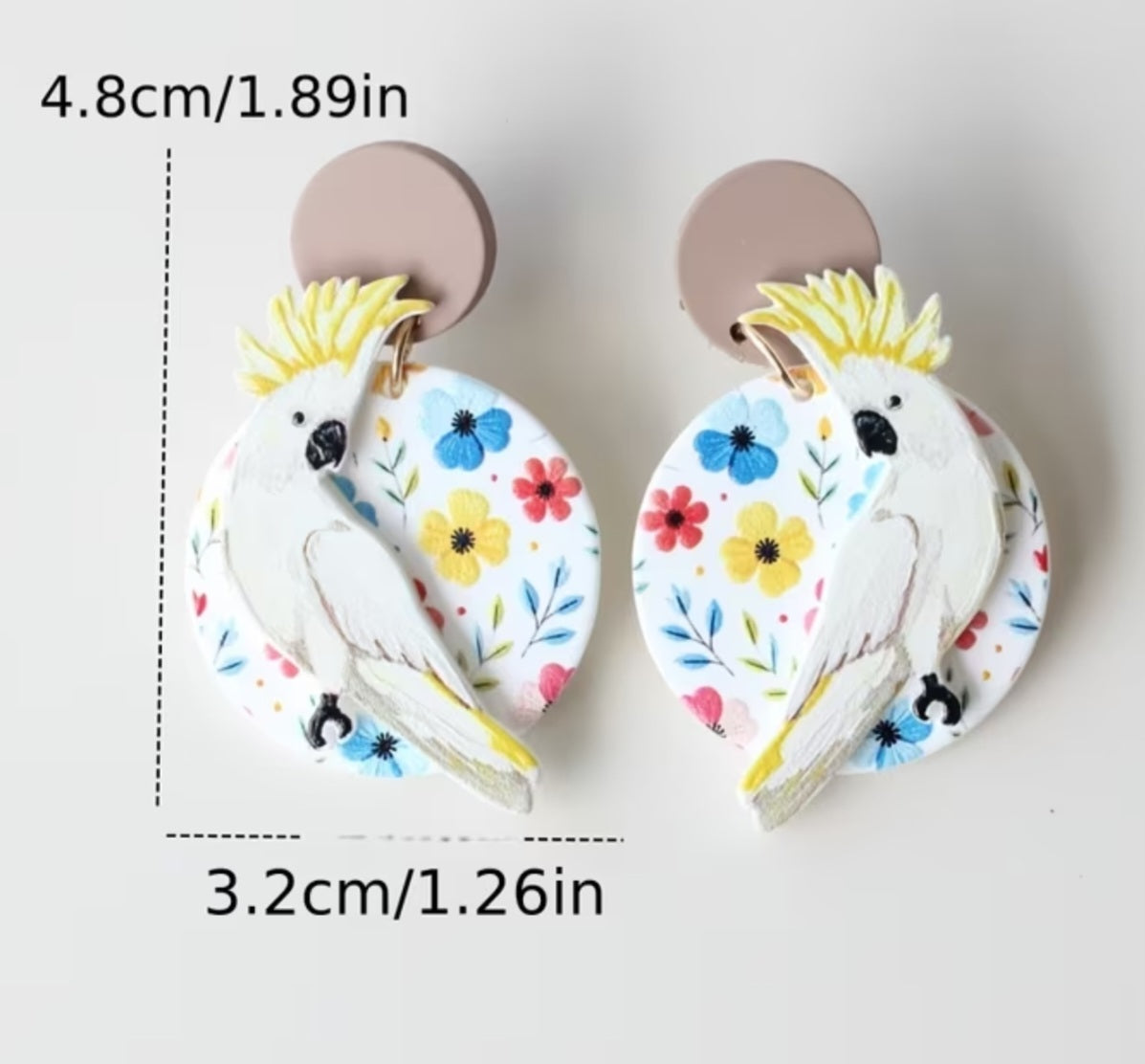 Acrylic Bird Circle Floral Button Yellow Sulfer Crested Cockatoo Cockatiel Flowers Large Drop Dangle Earrings